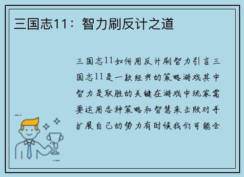 三国志11：智力刷反计之道